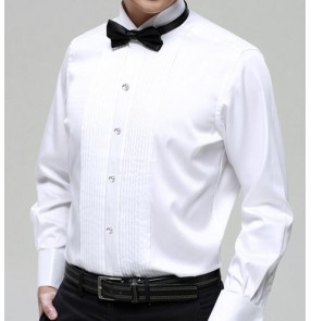 White colored with black bow tie men's male performance long sleeves jazz singer dj  chrous dance wedding party host photos dresses shirts tops 